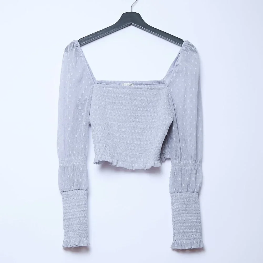Free People Intimately Sheer Puff Long Sleeve Crop Top Romantic Coquette Grey L